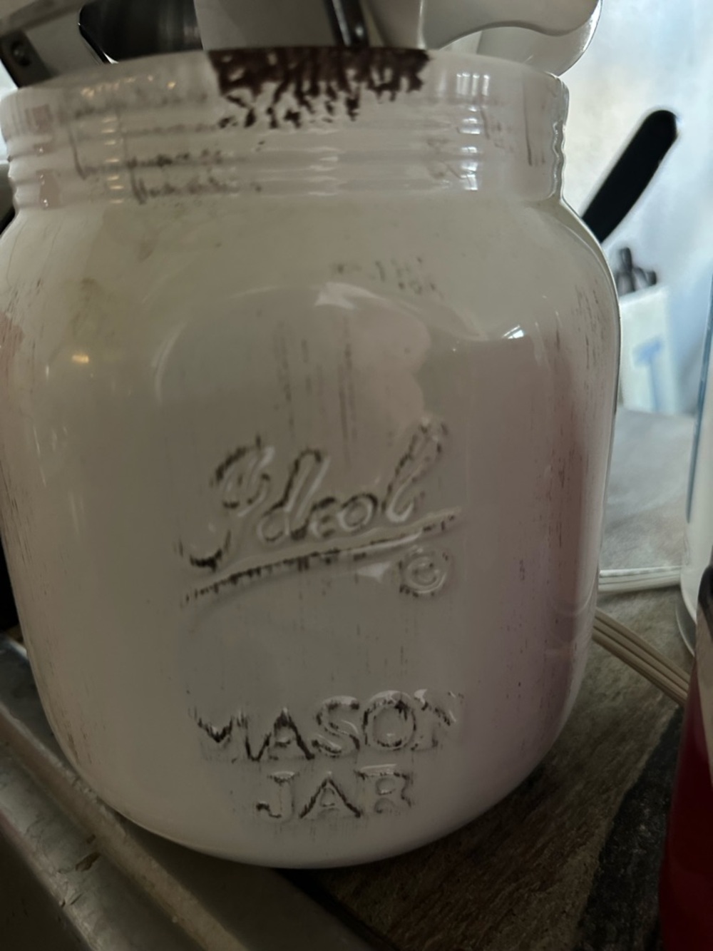White Distressed Mason Jar Utensil Holder with Utensils - Picture 3 of 9